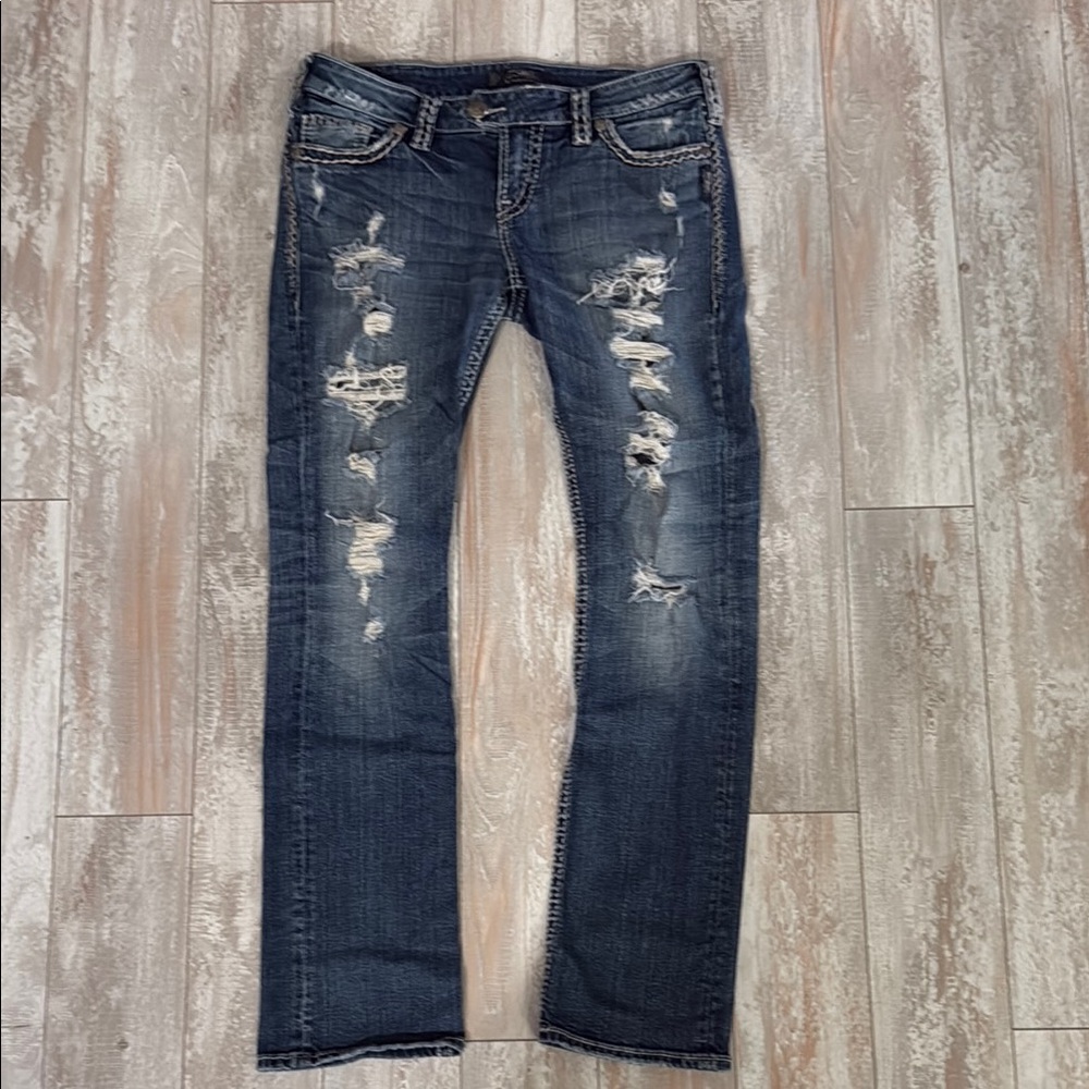 Silver “Tuesday Flap Straight” Distressed Blue Jeans